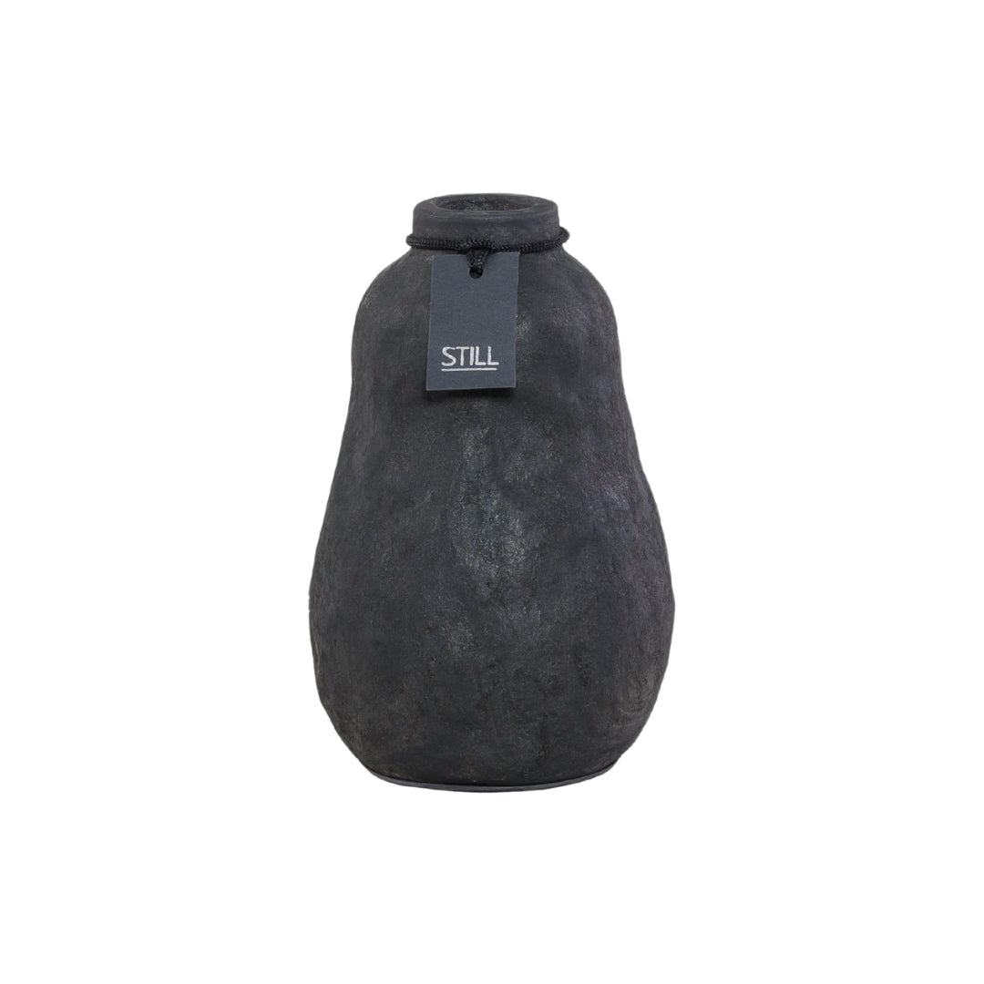 Flesvaas met organische vorm van handgemaakt aardewerk, zwart, 18 cm hoog – perfect voor zijden bloemen en droogbloemen.