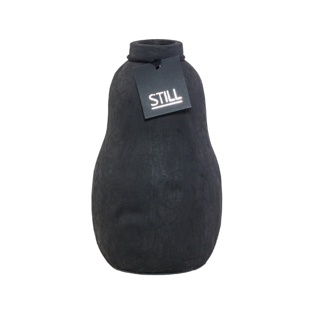 Flesvaas met organische vorm van handgemaakt aardewerk, zwart, 24 cm hoog – perfect voor zijden bloemen en droogbloemen.