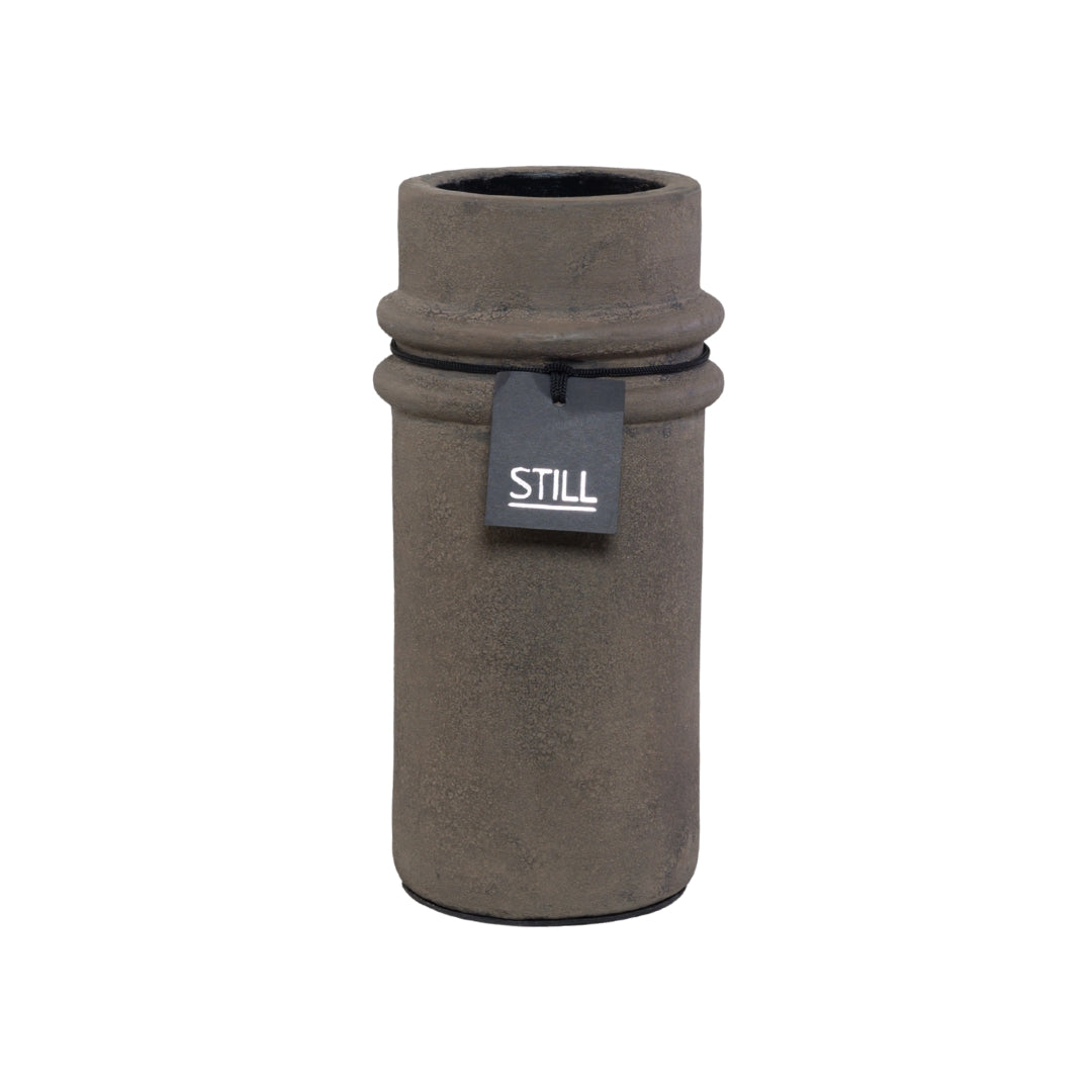 Handgemaakte STILL vaas met ribbels, cilinder vorm, dark, aardewerk, 31x13 cm, geschikt voor droogbloemen en interieurdecoratie.