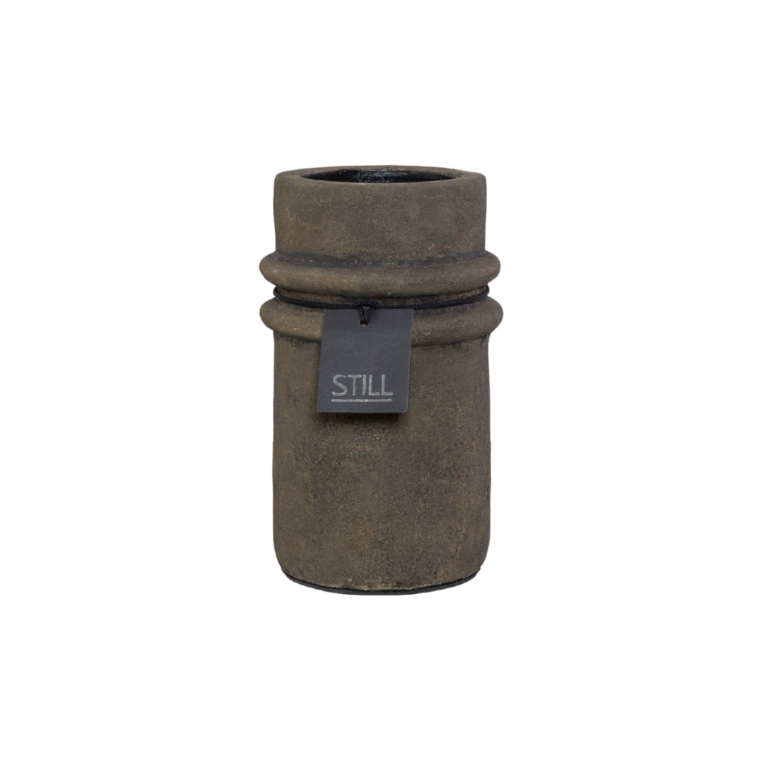 Handgemaakte STILL vaas met ribbels, cilinder vorm, donkerbruin, aardewerk, 31x13 cm, geschikt voor droogbloemen en interieurdecoratie.