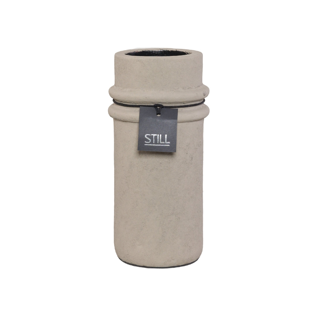 Handgemaakte STILL vaas met ribbels, cilinder vorm, taupe, aardewerk, 31x13 cm, geschikt voor droogbloemen en interieurdecoratie.