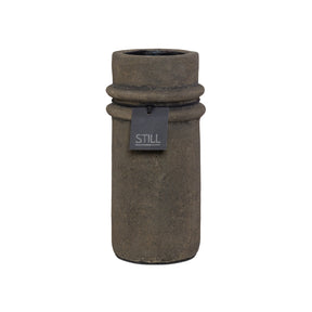 Handgemaakte STILL vaas met ribbels, cilinder vorm, donkerbruin, aardewerk, 31x13 cm, geschikt voor droogbloemen en interieurdecoratie.